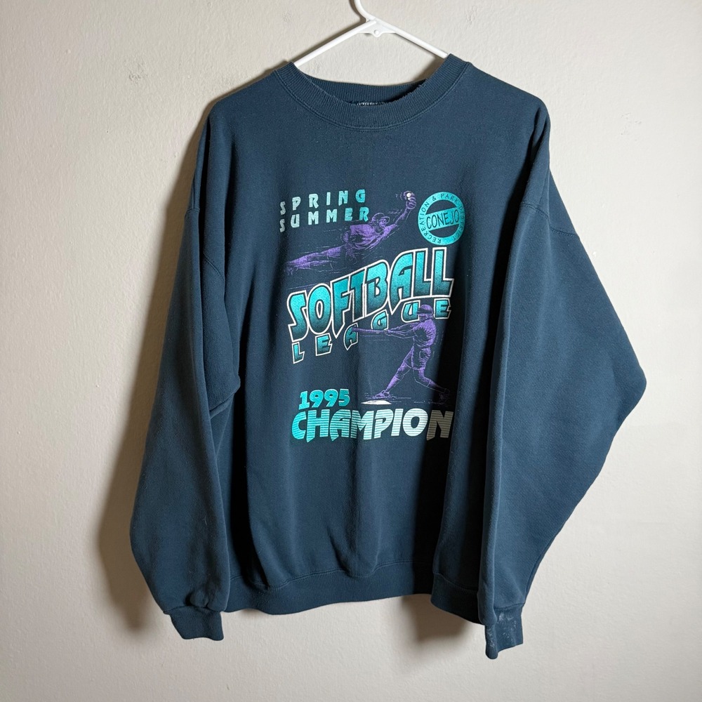 Vintage 1995 Hanes Heavyweight Softball League Champion Sweatshirt XL Teal Blue